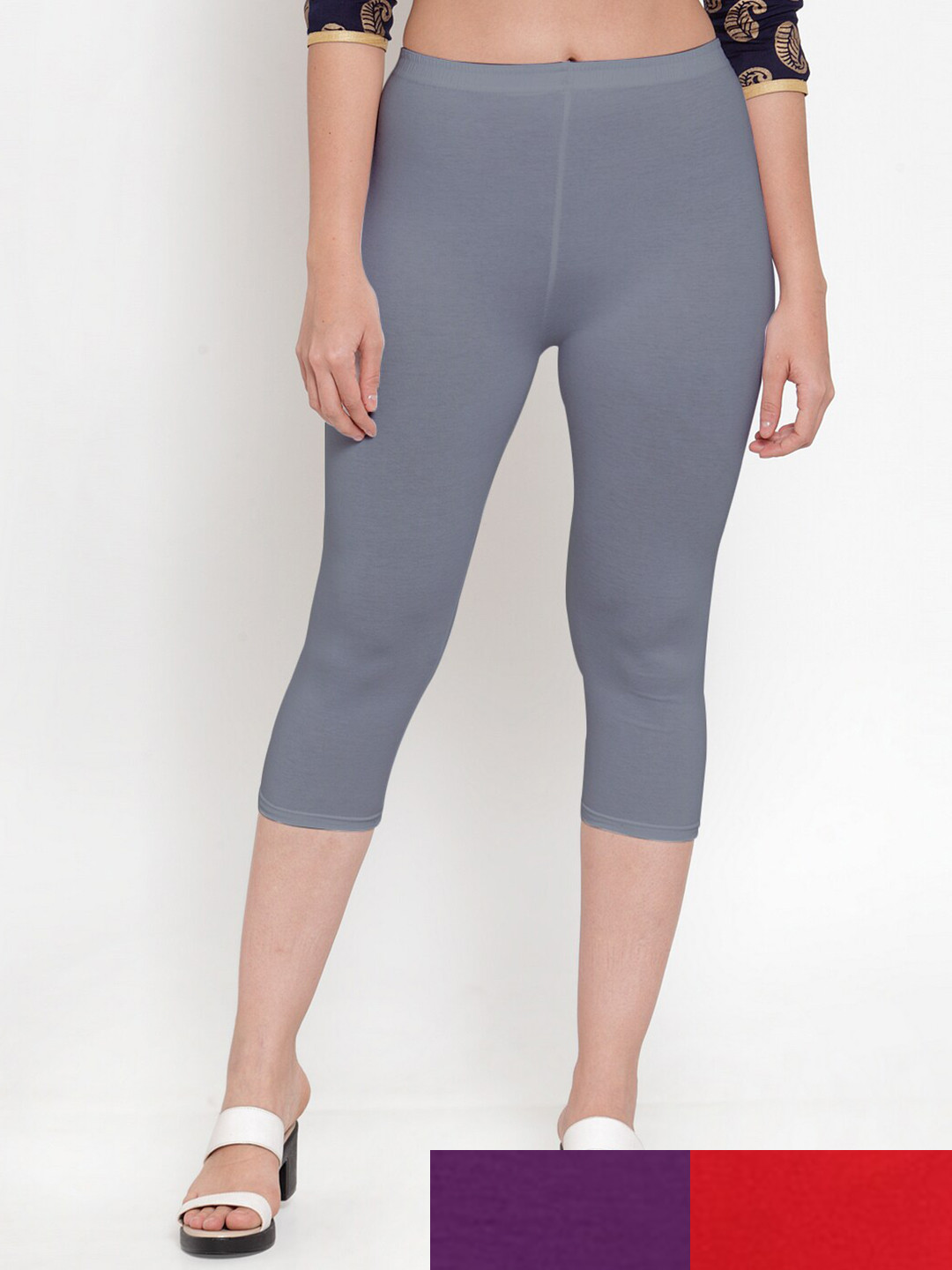 

GRACIT Women Pack of 3 Solid Red & Grey Capris