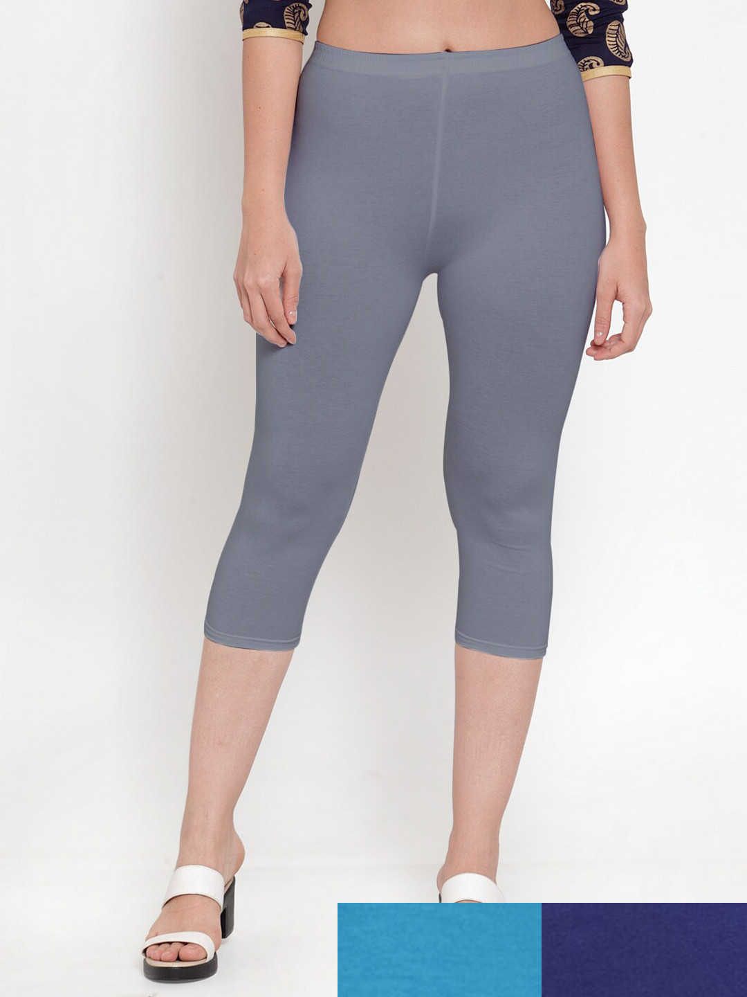 

GRACIT Women Pack of 3 Solid Grey & Blue Capris