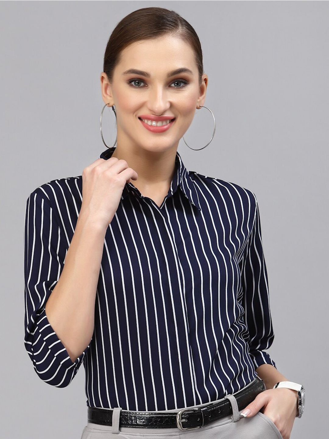 

Style Quotient Women Navy Blue Smart Striped Formal Shirt