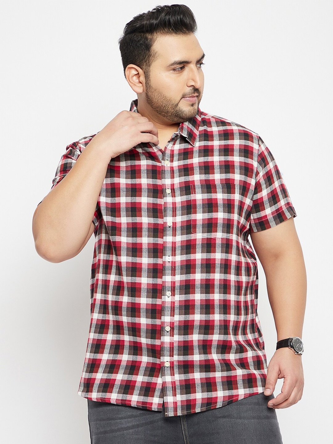 

bigbanana Men Red Plus Size Comfort Checked Cotton Casual Shirt