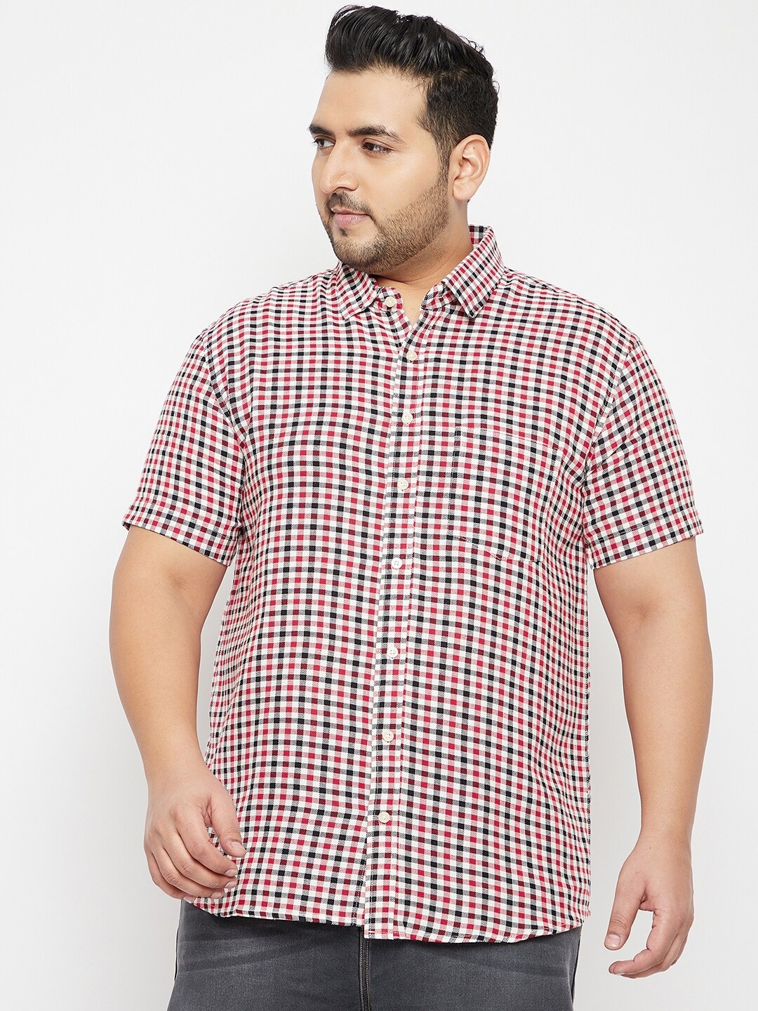 

bigbanana Men Plus Size Red Gingham Checked Casual Cotton Shirt