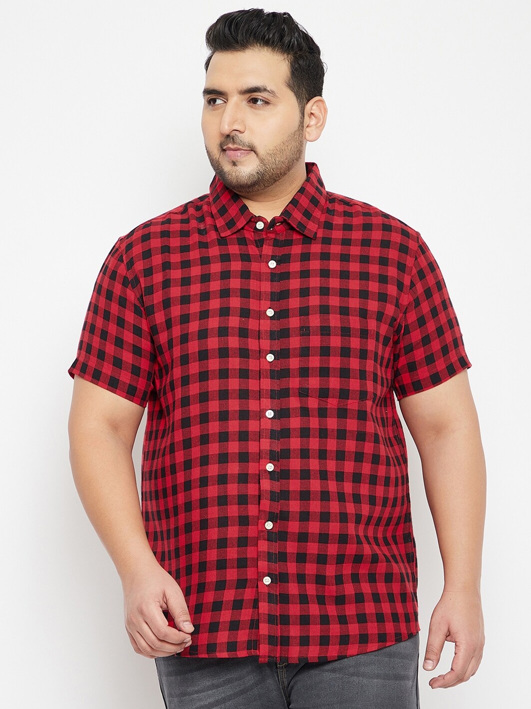 

bigbanana Men Plus Size Red Buffalo Checked Casual Cotton Shirt