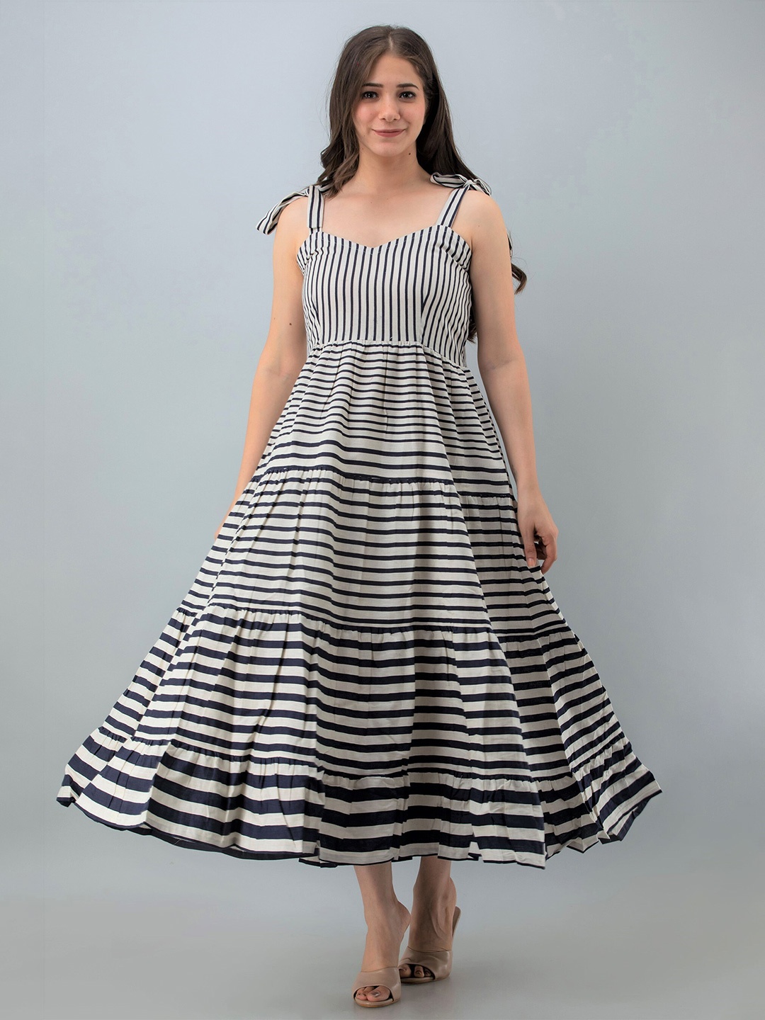 

Vastralay Navy Blue & White Striped Maxi Cotton Dress