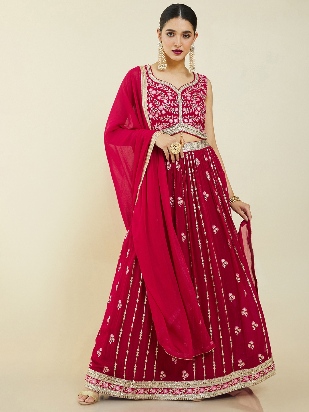 

Soch Red & Silver-Toned Embroidered Ready to Wear Lehenga with Blouse & Dupatta