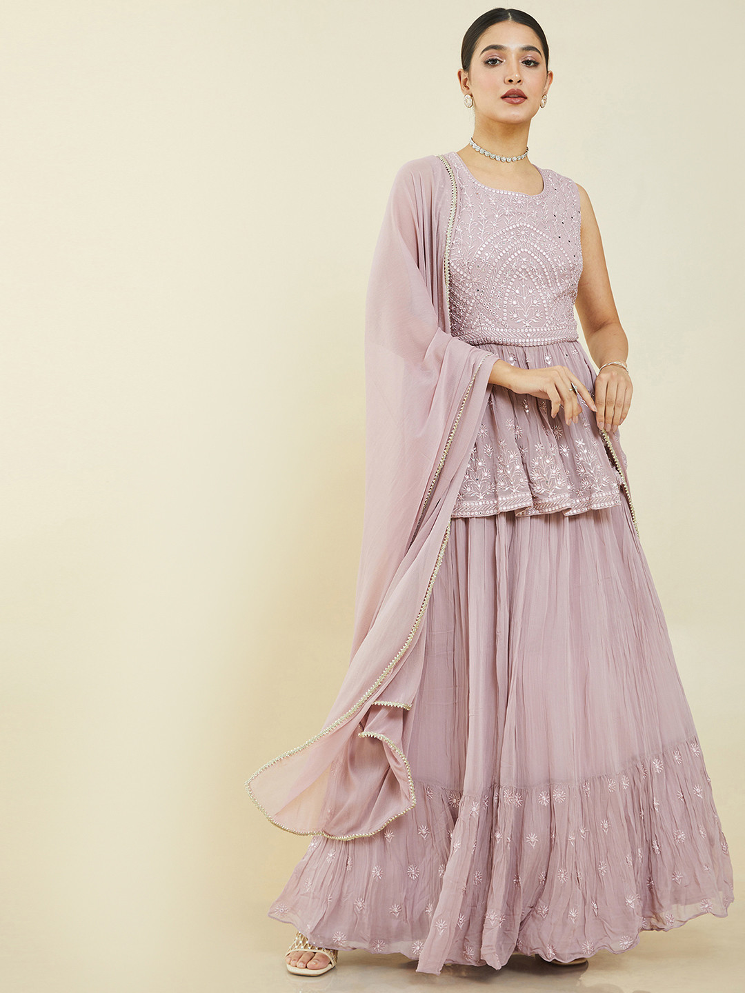 

Soch Purple & Gold-Toned Embellished Sequinned Ready to Wear Lehenga with Blouse & Dupatta