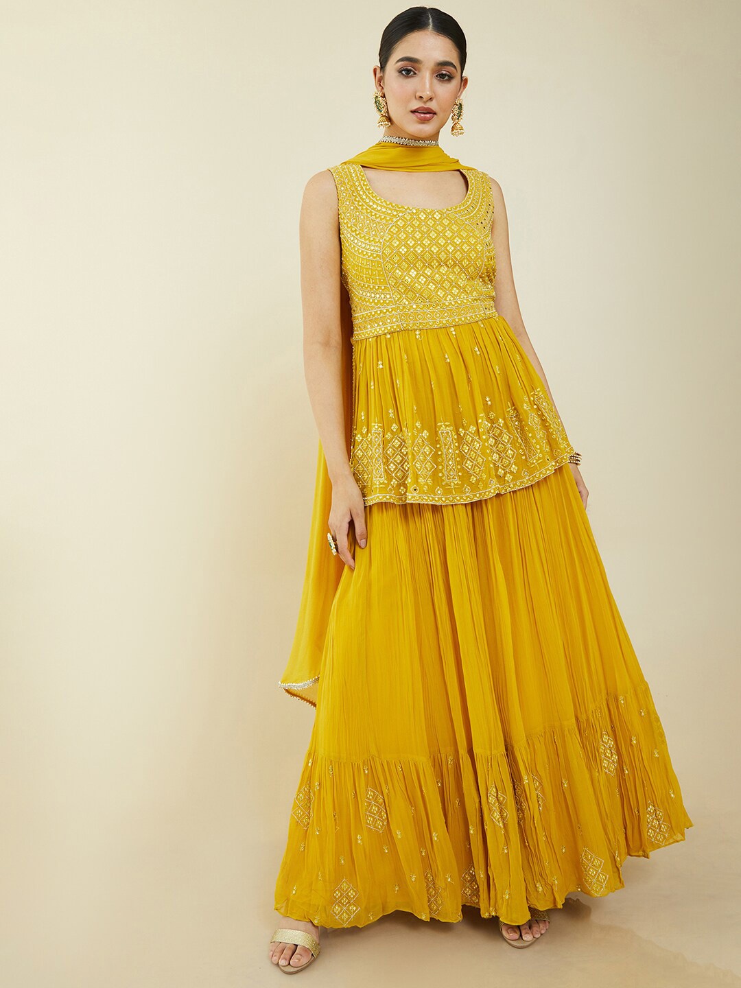 

Soch Mustard Embroidered Ready to Wear Silk Georgette Lehenga with Blouse & Dupatta