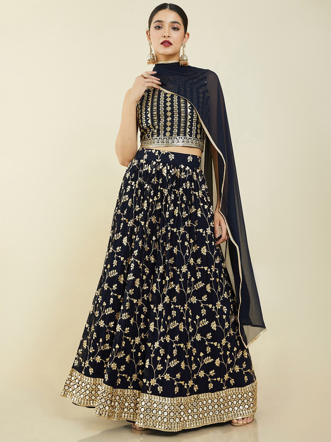 

Soch Navy Blue & Gold-Toned Embellished Ready to Wear Lehenga with Blouse & Dupatta