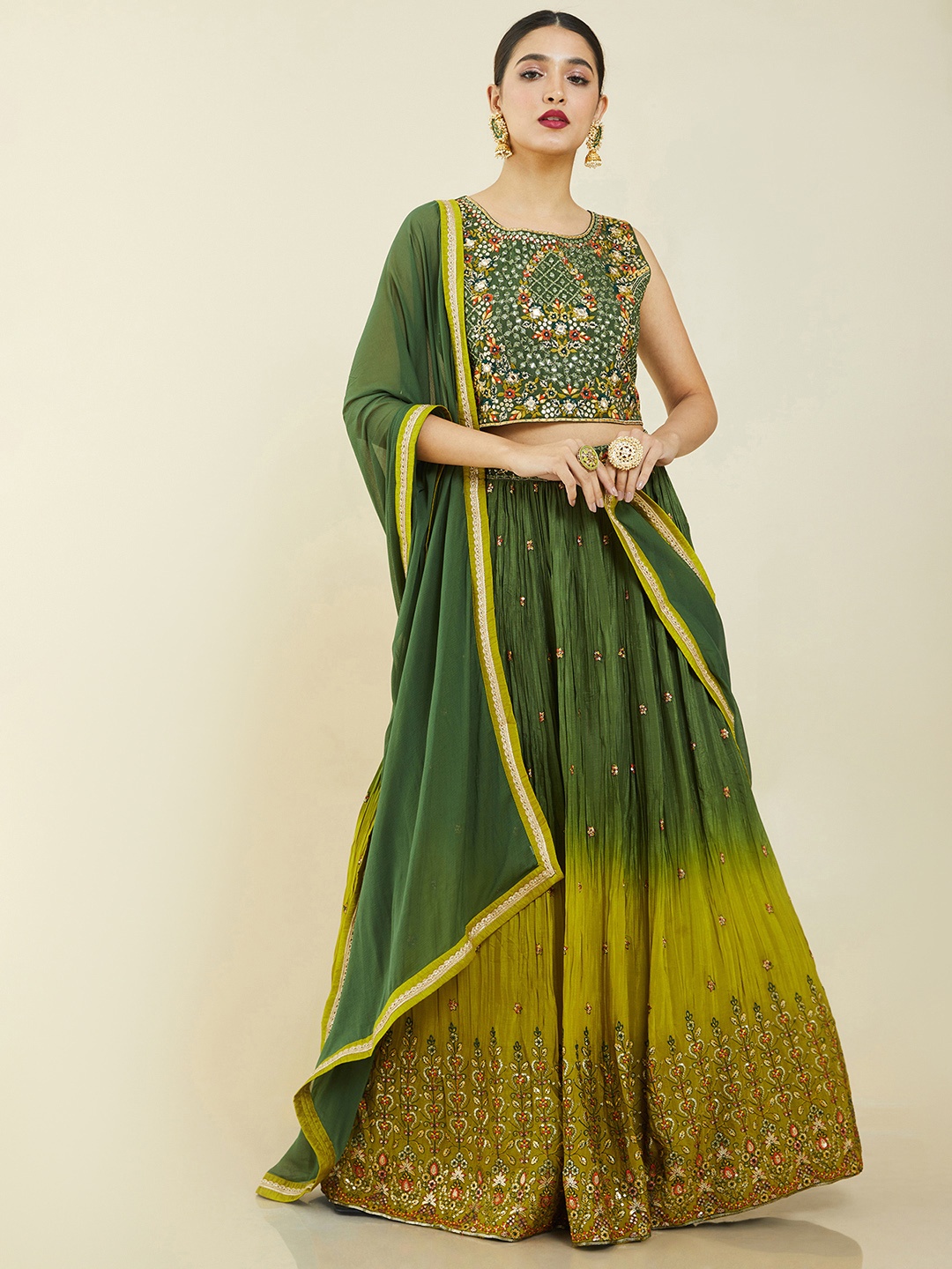 

Soch Green & Silver-Toned Embroidered Ready to Wear Lehenga & Blouse With Dupatta
