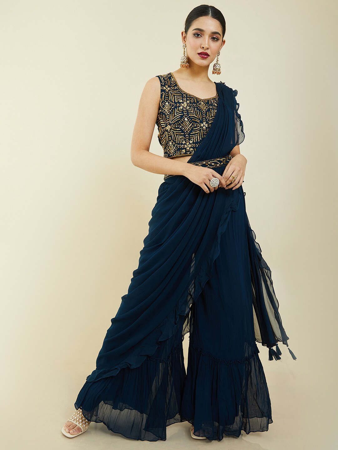 

Soch Navy Blue & Gold-Toned Embellished Ready to Wear Lehenga with Blouse