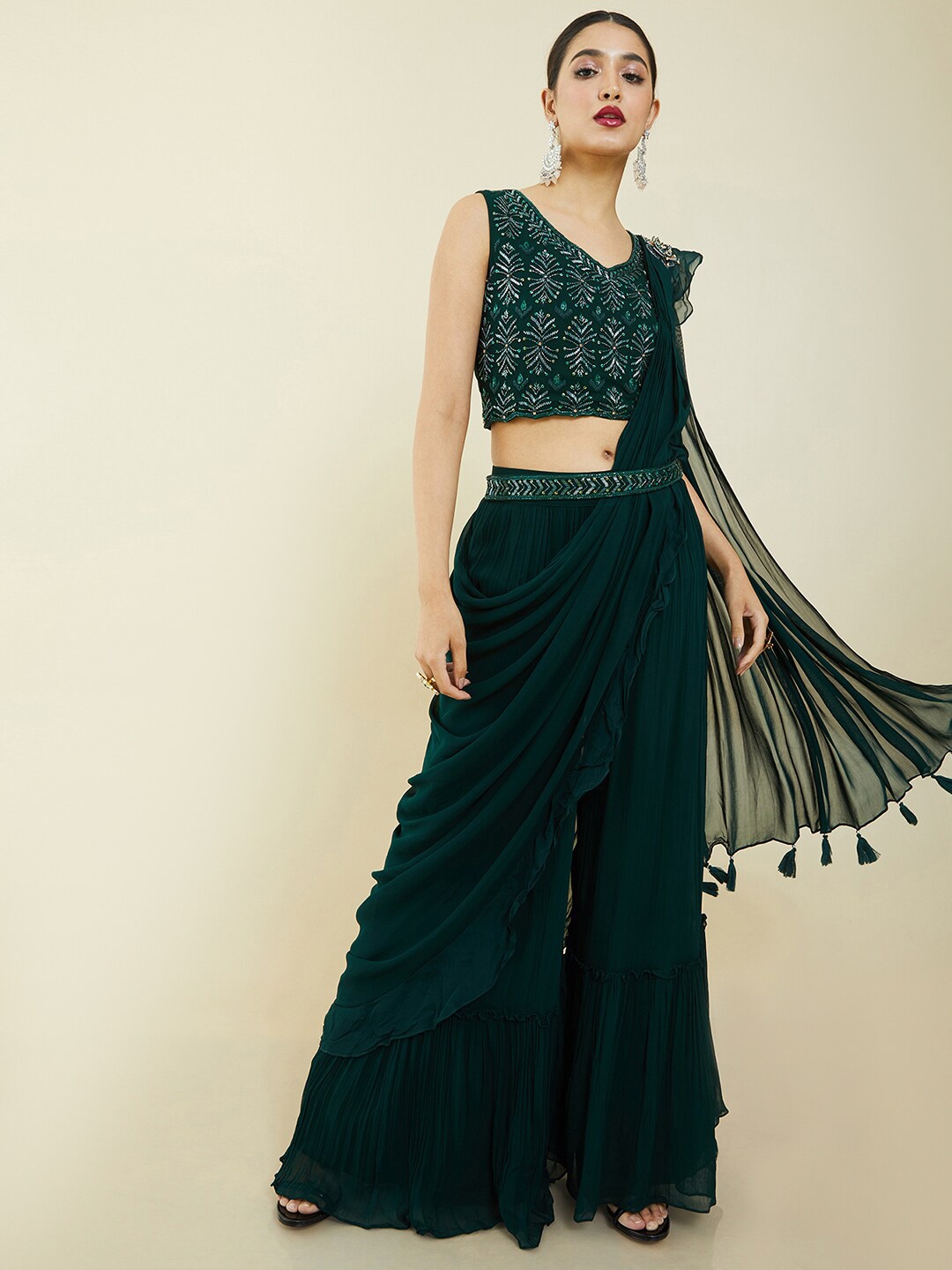 

Soch Green Embellished Ready to Wear Raw Silk Lehenga with Blouse & Dupatta