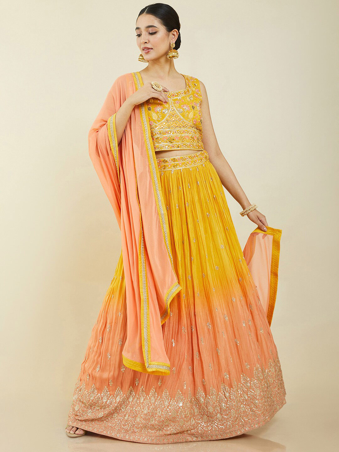 

Soch Yellow & Orange Embellished Ready to Wear Lehenga & Blouse With Dupatta
