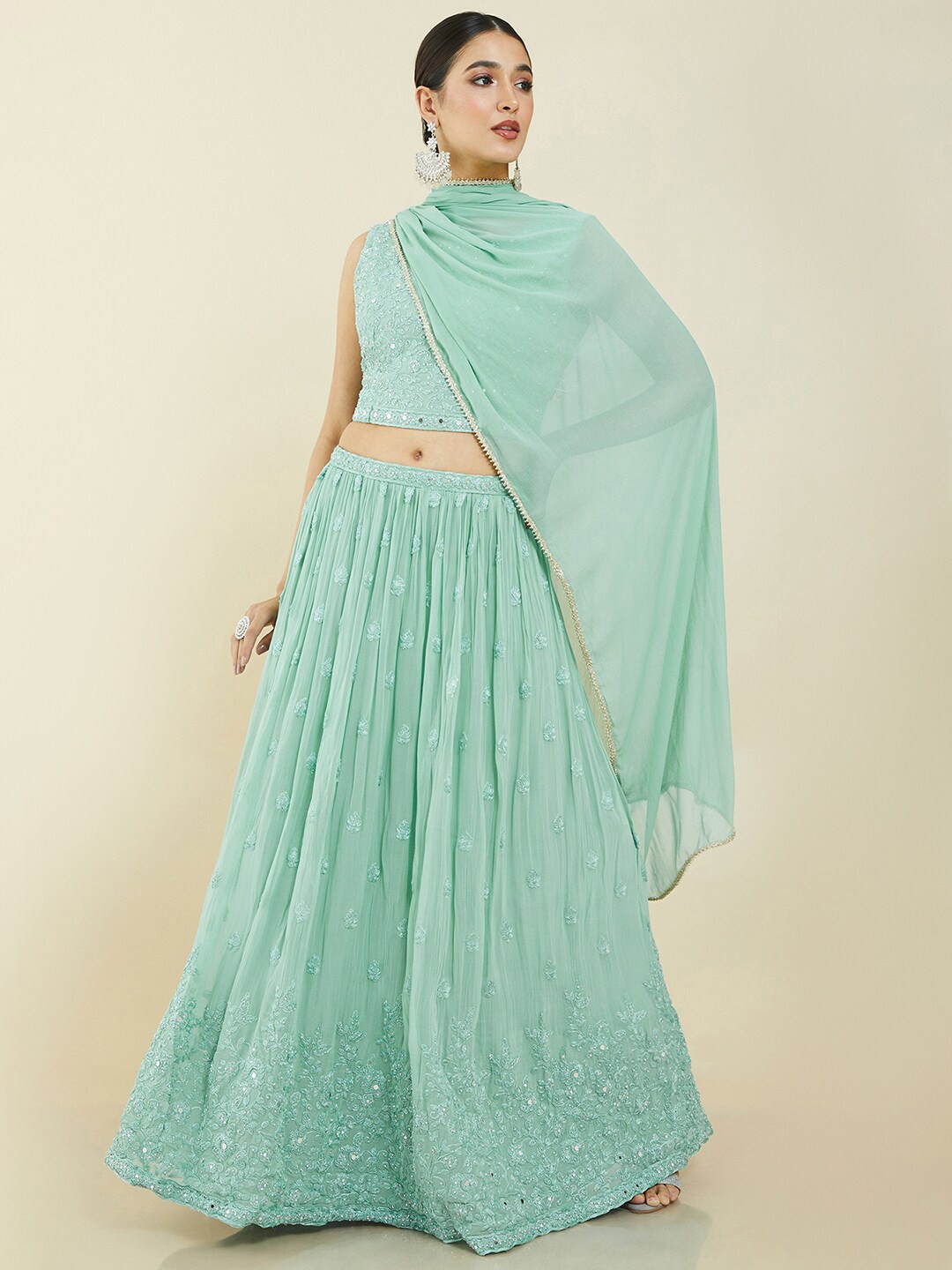 

Soch Turquoise Blue Embroidered Ready to Wear Lehenga with Blouse & Dupatta