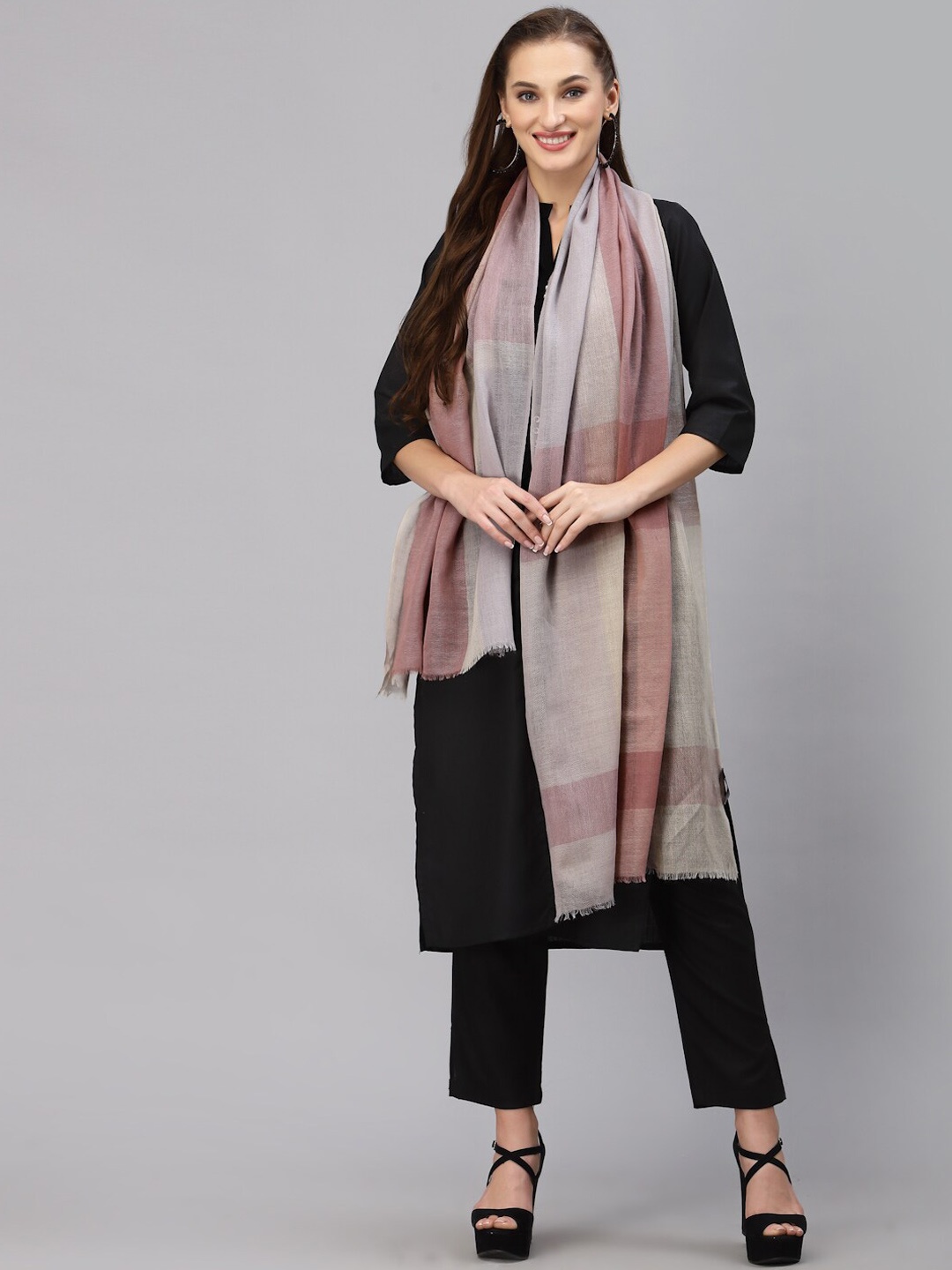 

Style Quotient Women Pink & Grey Woven Design Pure Wool Shawl