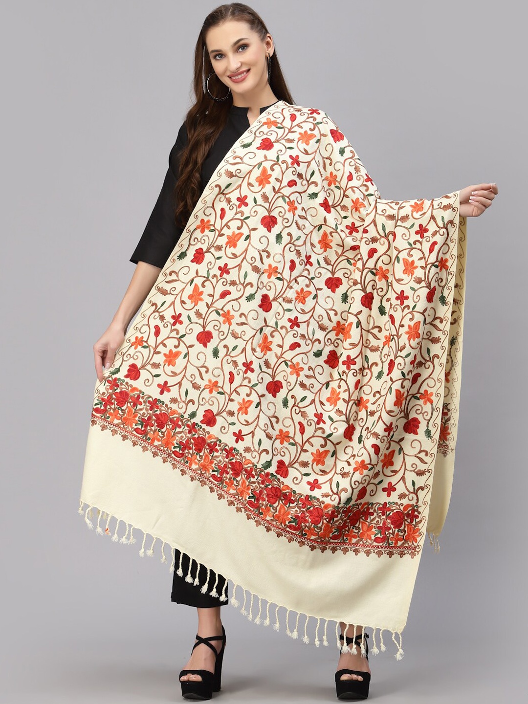 

Style Quotient Women Off-White Floral Embroidered Shawl