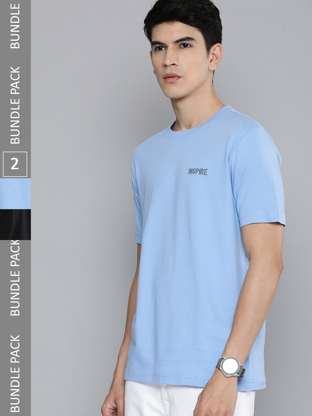 

HERE&NOW Men Pack of 2 Typography Printed Pure Cotton T-shirt, Blue