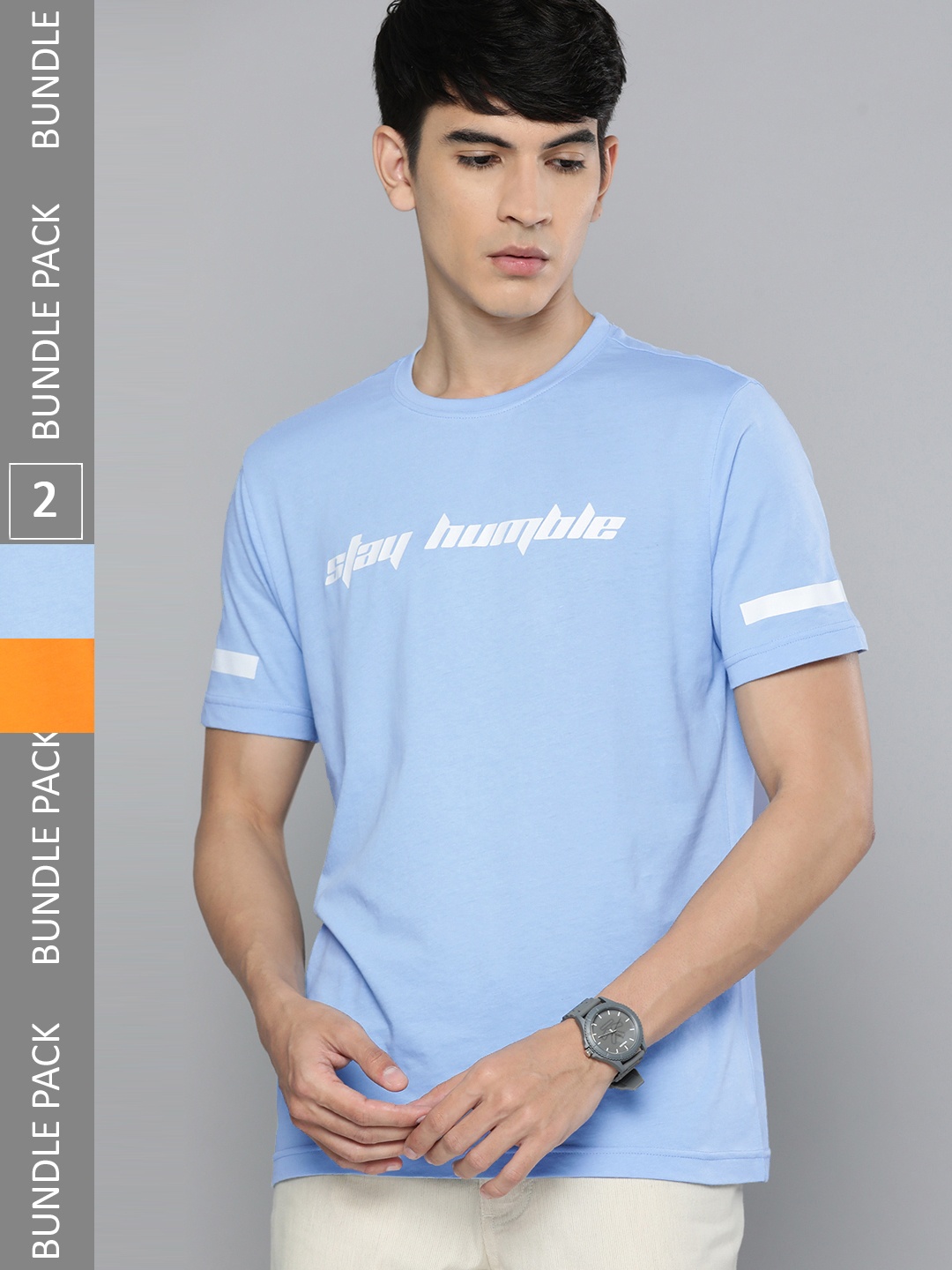 

HERE&NOW Men Pack of 2 Typography Printed Pure Cotton T-shirt, Blue