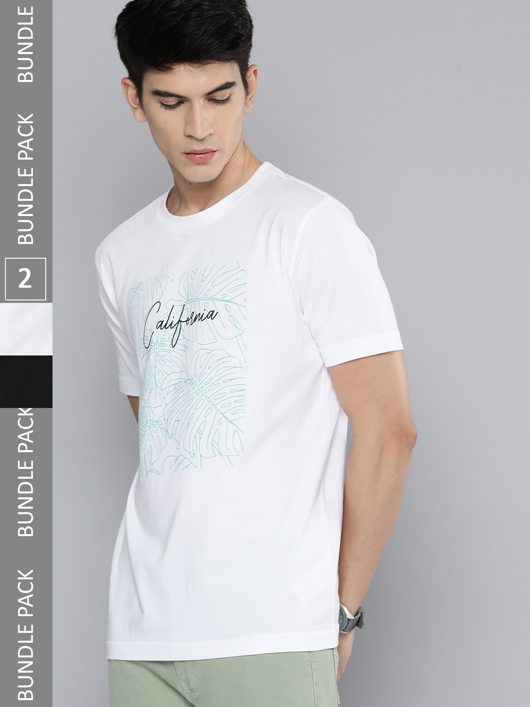 

HERE&NOW Men Pack of 2 Typography Printed Pure Cotton T-shirt, White