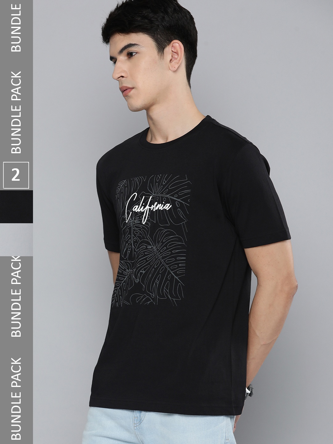 

HERE&NOW Men Pack of 2 Typography Printed Pure Cotton T-shirt, Black