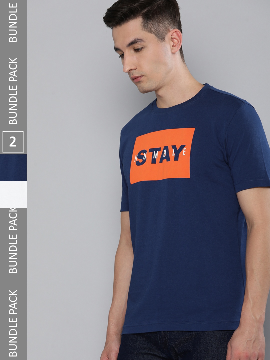 

HERE&NOW Men Pack of 2 Typography Printed Pure Cotton T-shirt, Navy blue