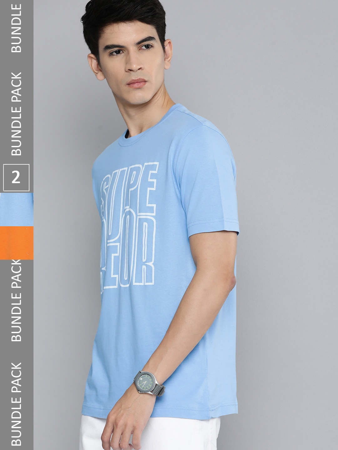 

HERE&NOW Men Pack of 2 Typography Printed Pure Cotton T-shirt, Blue