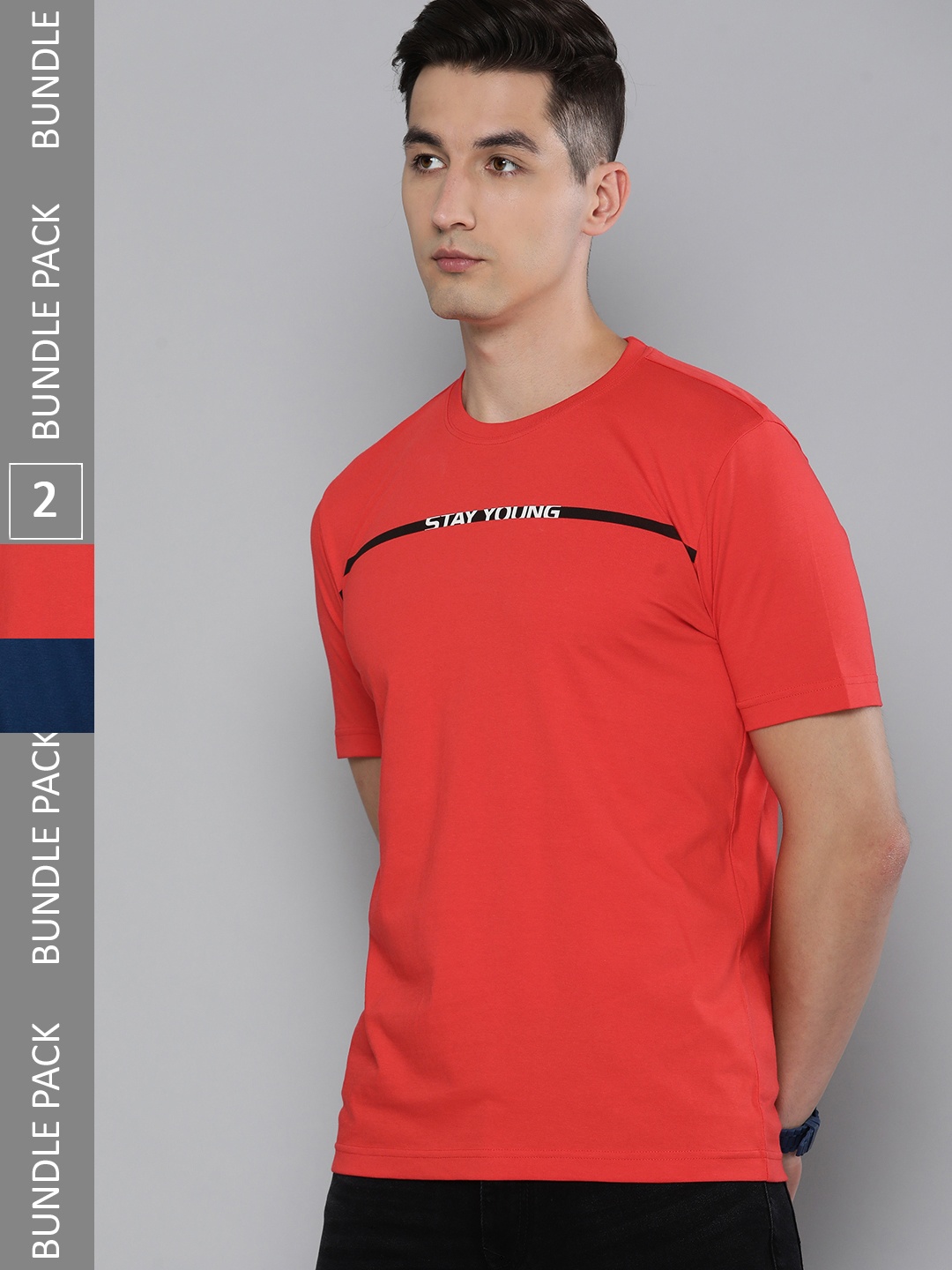 

HERE&NOW Men Pack of 2 Typography Printed Pure Cotton T-shirt, Red