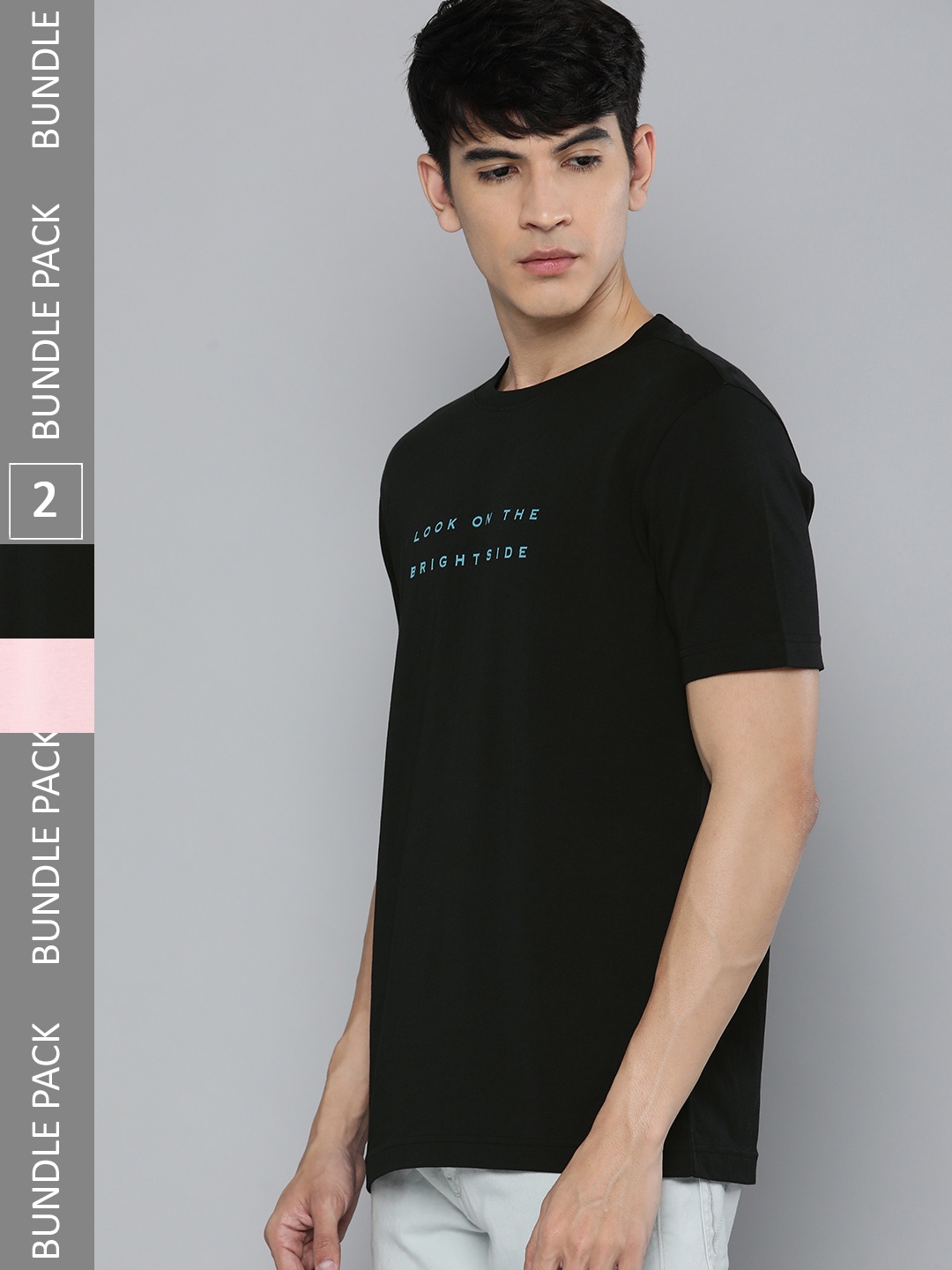 

HERE&NOW Men Pack of 2 Typography Printed Pure Cotton T-shirt, Black