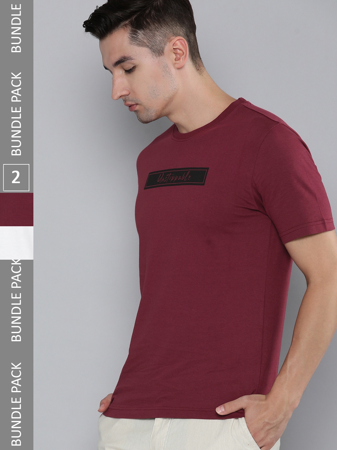 

HERE&NOW Men Pack of 2 Typography Printed Pure Cotton T-shirt, Burgundy