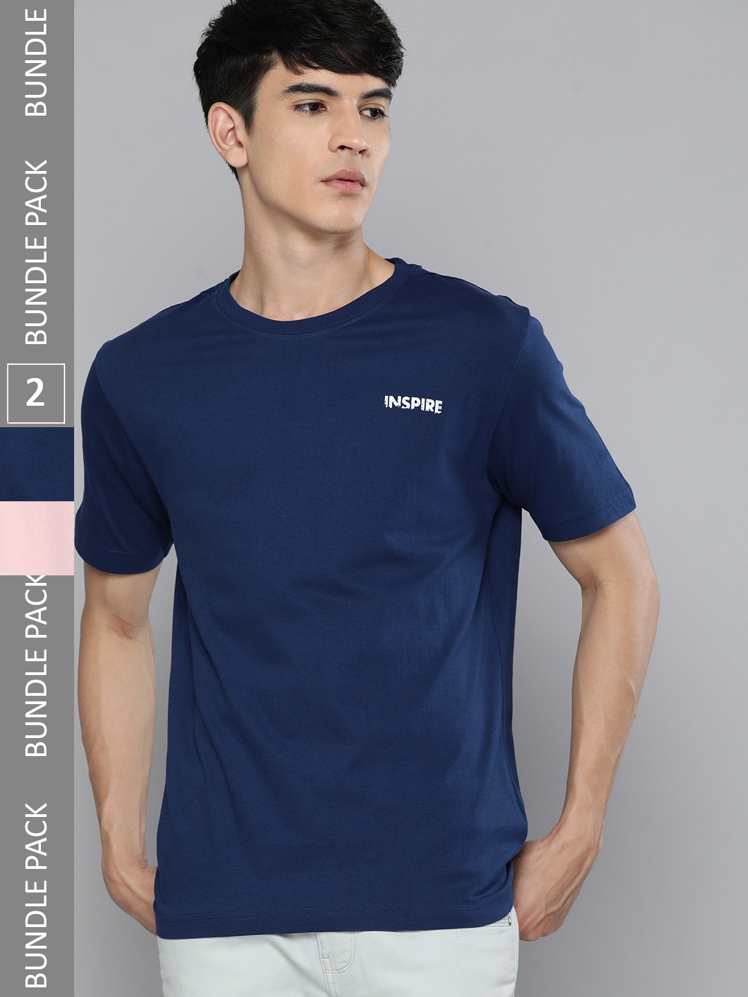 

HERE&NOW Men Pack of 2 Typography Printed Pure Cotton T-shirt, Navy blue