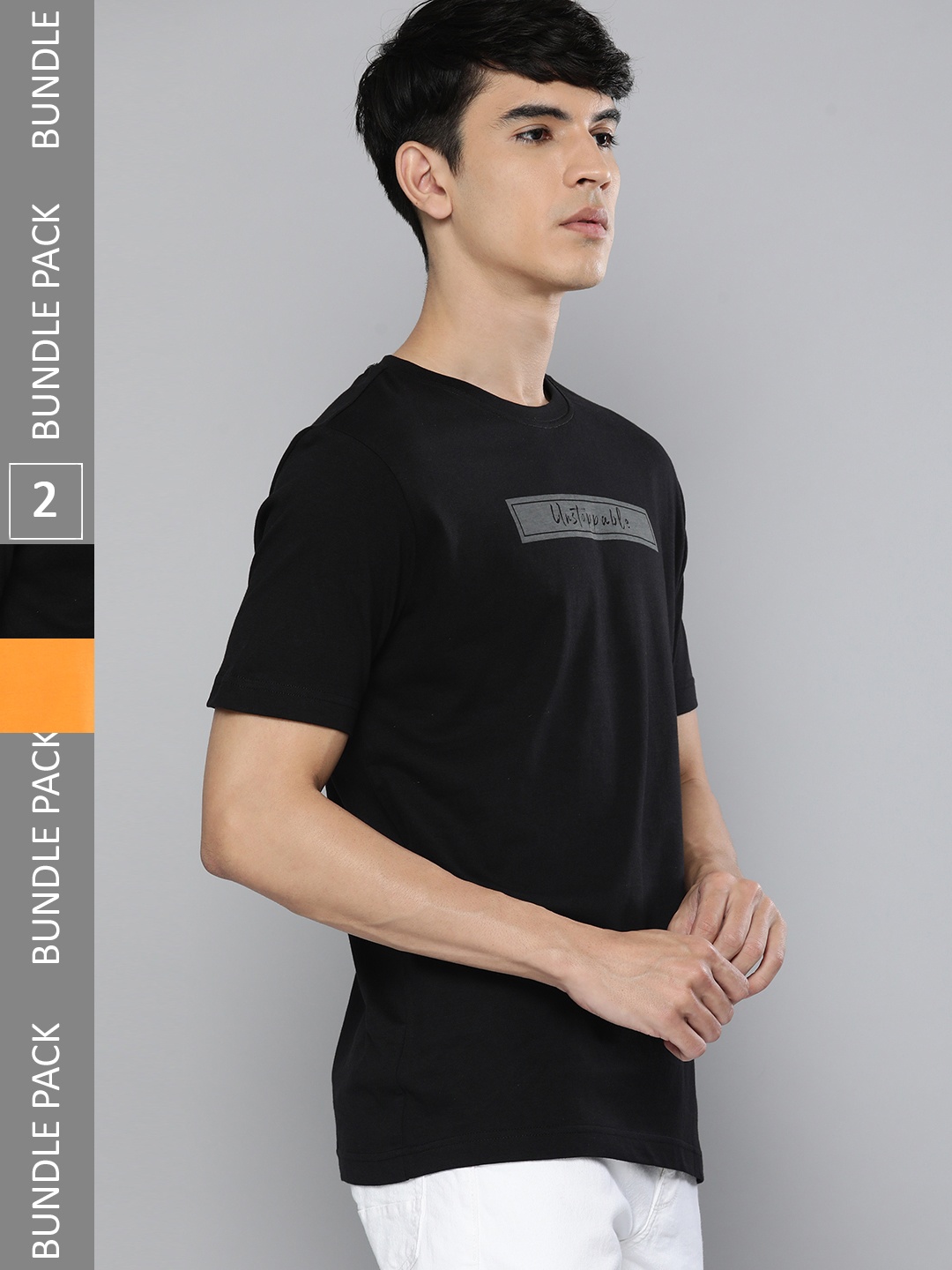 

HERE&NOW Men Pack Of 2 Mustard Yellow & Black Typography Printed Pure Cotton T-shirt