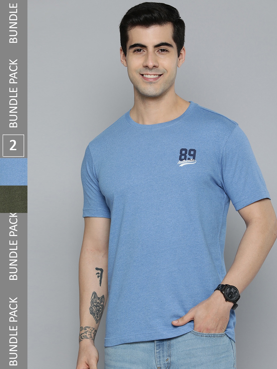 

HERE&NOW Men Pack Of 2 Olive Green & Blue Solid Pure Cotton T-shirt With Typography Detail