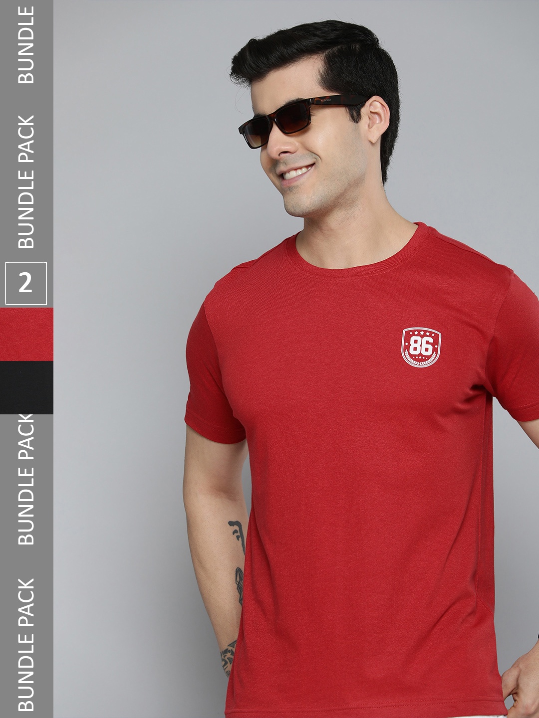 

HERE&NOW Men Pack Of 2 Red & Black Pure Cotton T-shirt With Typography Detail