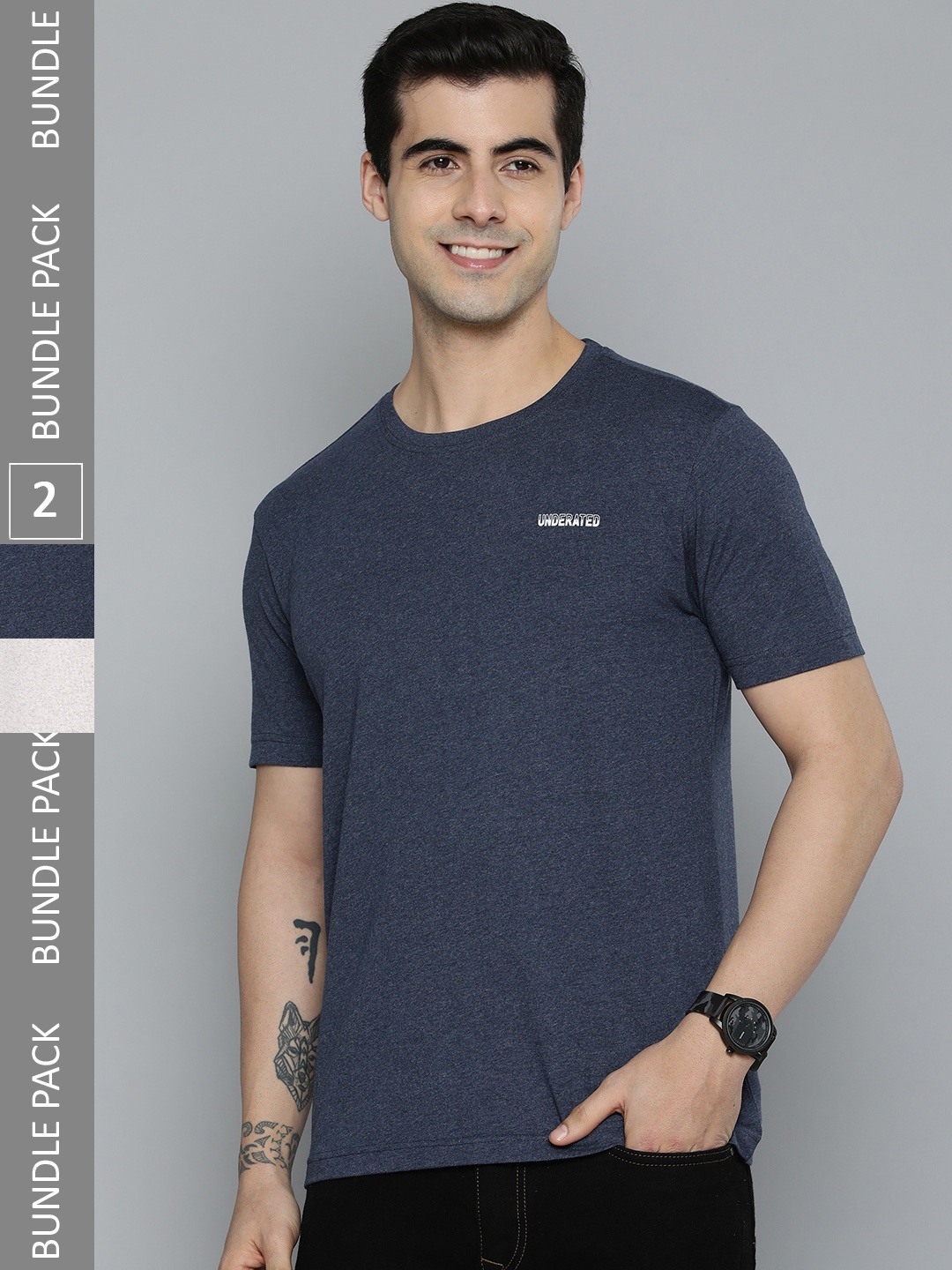 

HERE&NOW Men Pack Of 2 Blue & Off White Solid Pure Cotton T-shirt With Typography Detail, Navy blue