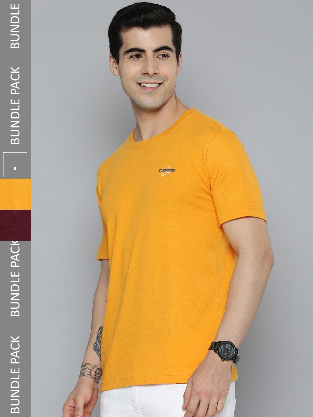 

HERE&NOW Men Pack Of 2 Yellow & Maroon Solid Pure Cotton T-shirt With Typography Detail