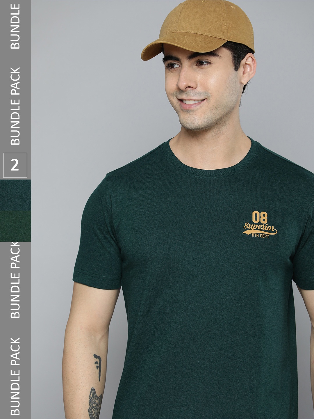 

HERE&NOW Men Pack Of 2 Green Solid Pure Cotton T-shirt With Typography Detail