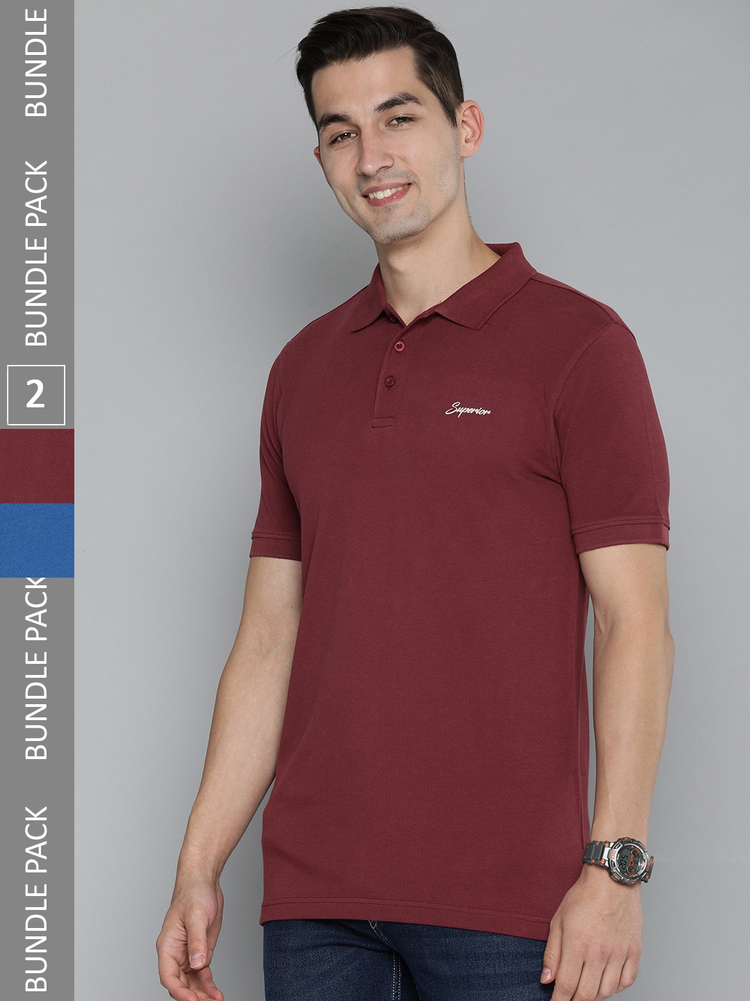 

HERE&NOW Men Pack Of 2 Burgundy & Blue Solid Polo Collar Pure Cotton T-shirt