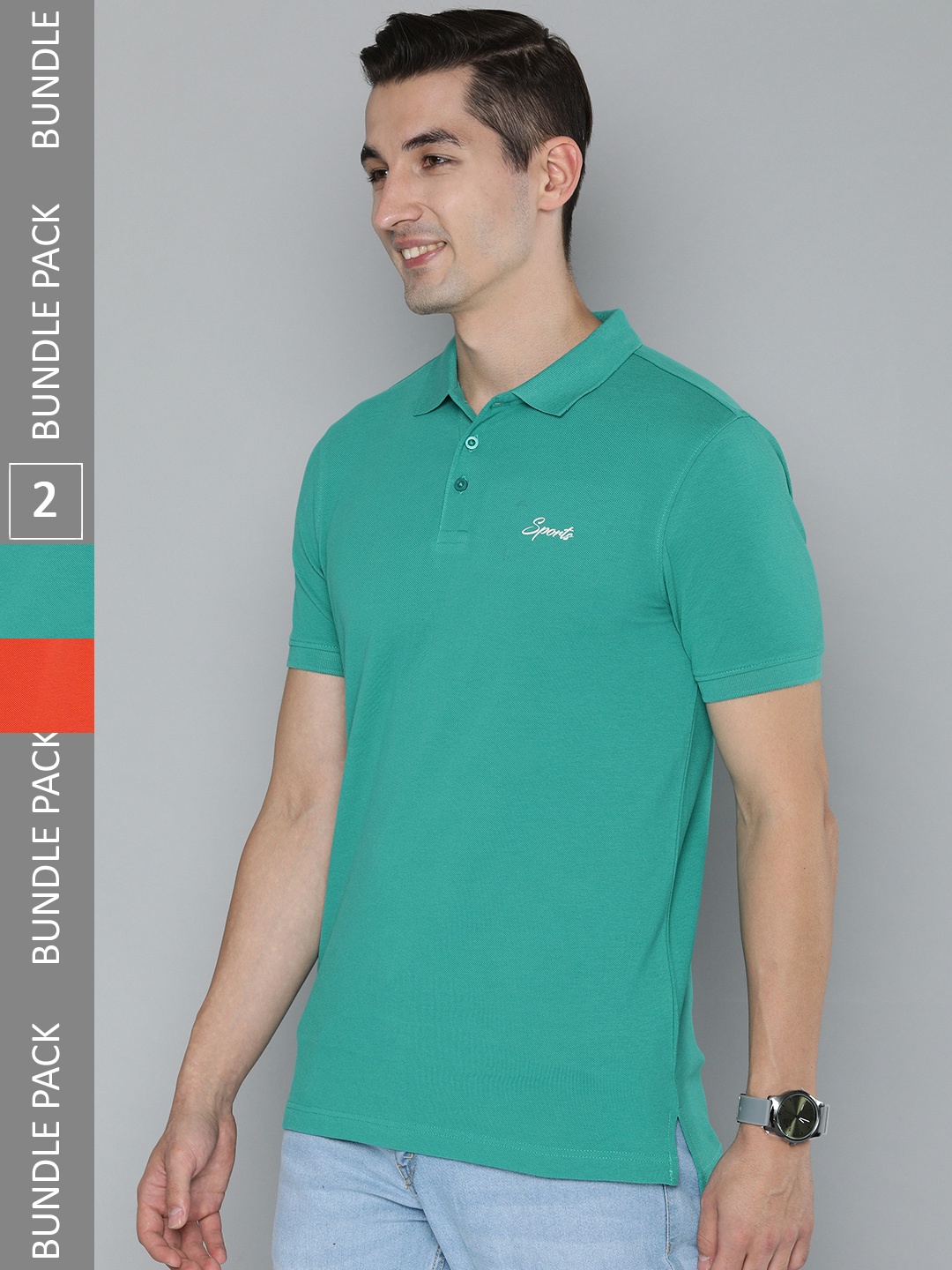 

HERE&NOW Men Pack Of 2 Green & Orange Solid Polo Collar Pure Cotton T-shirt