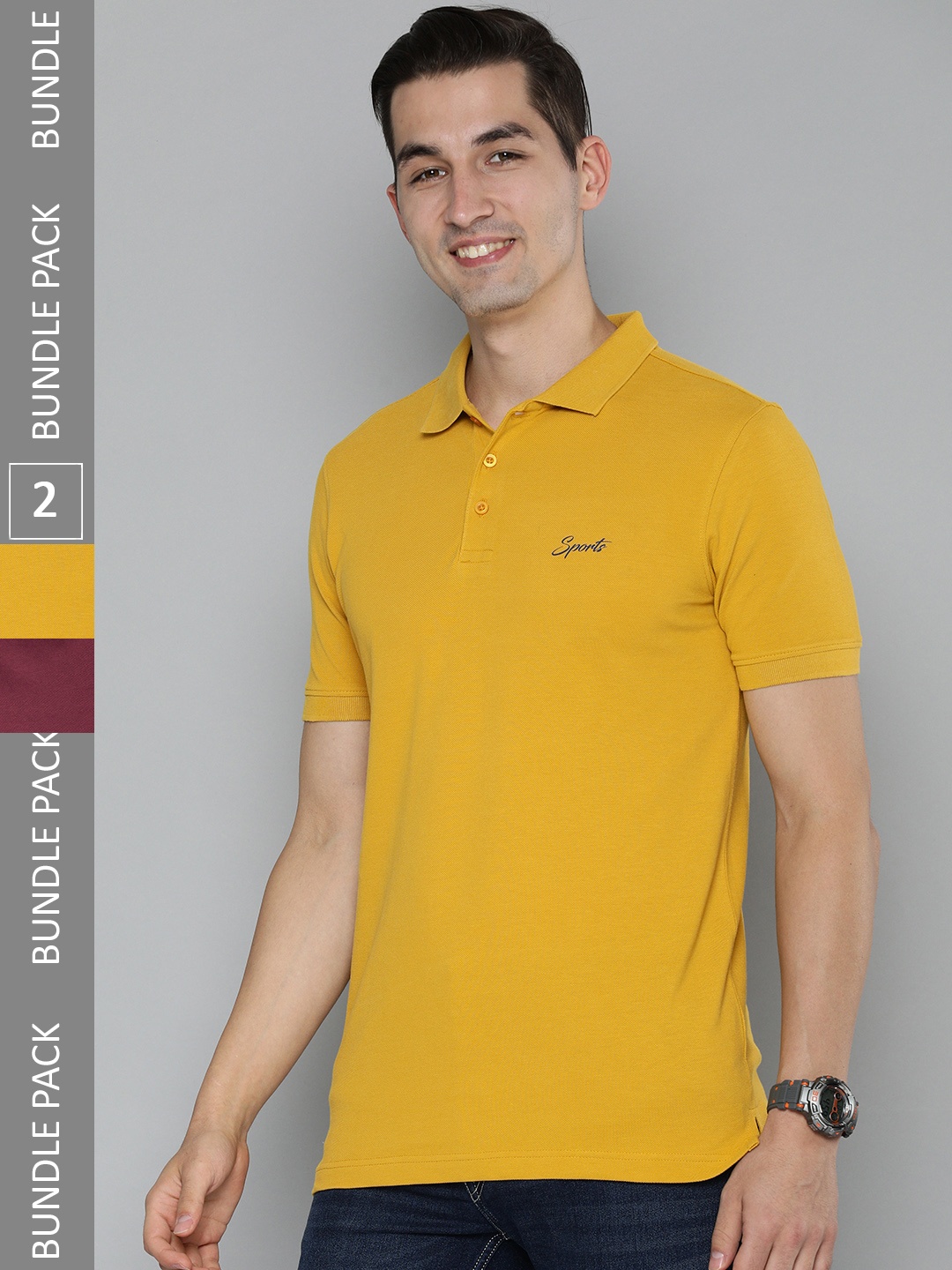 

HERE&NOW Men Pack Of 2 Mustard Yellow & Mauve Solid Polo Collar Pure Cotton T-shirt