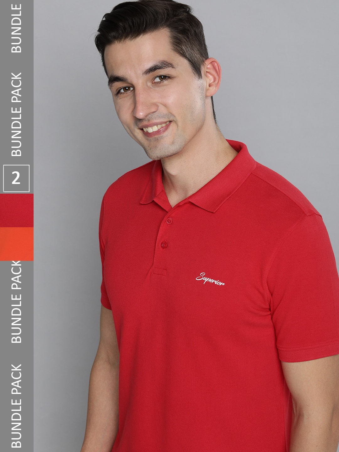 

HERE&NOW Men Pack Of 2 Red & Orange Solid Polo Collar Pure Cotton T-shirt