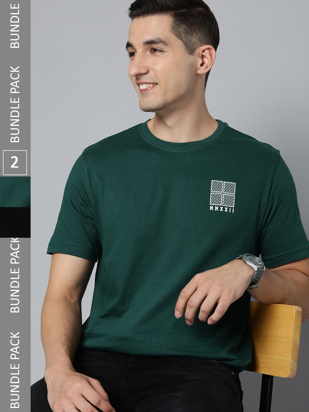 

HERE&NOW Men Pack of 2 Teal Green & Black Pure Cotton Printed T-Shirts