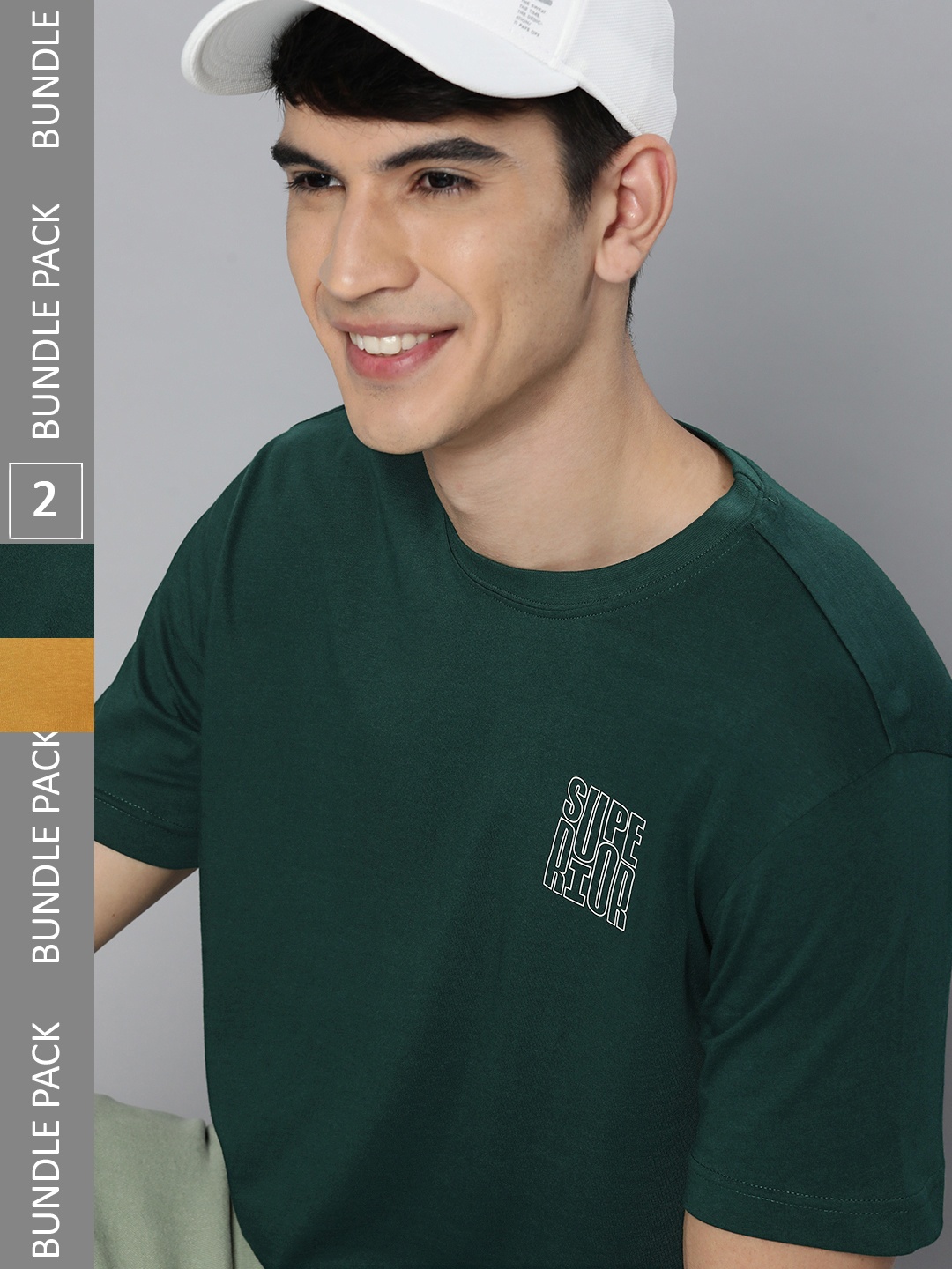 HERE&NOW Men Pack Of 2 Yellow & Teal Green Pure Cotton Printed T-Shirts