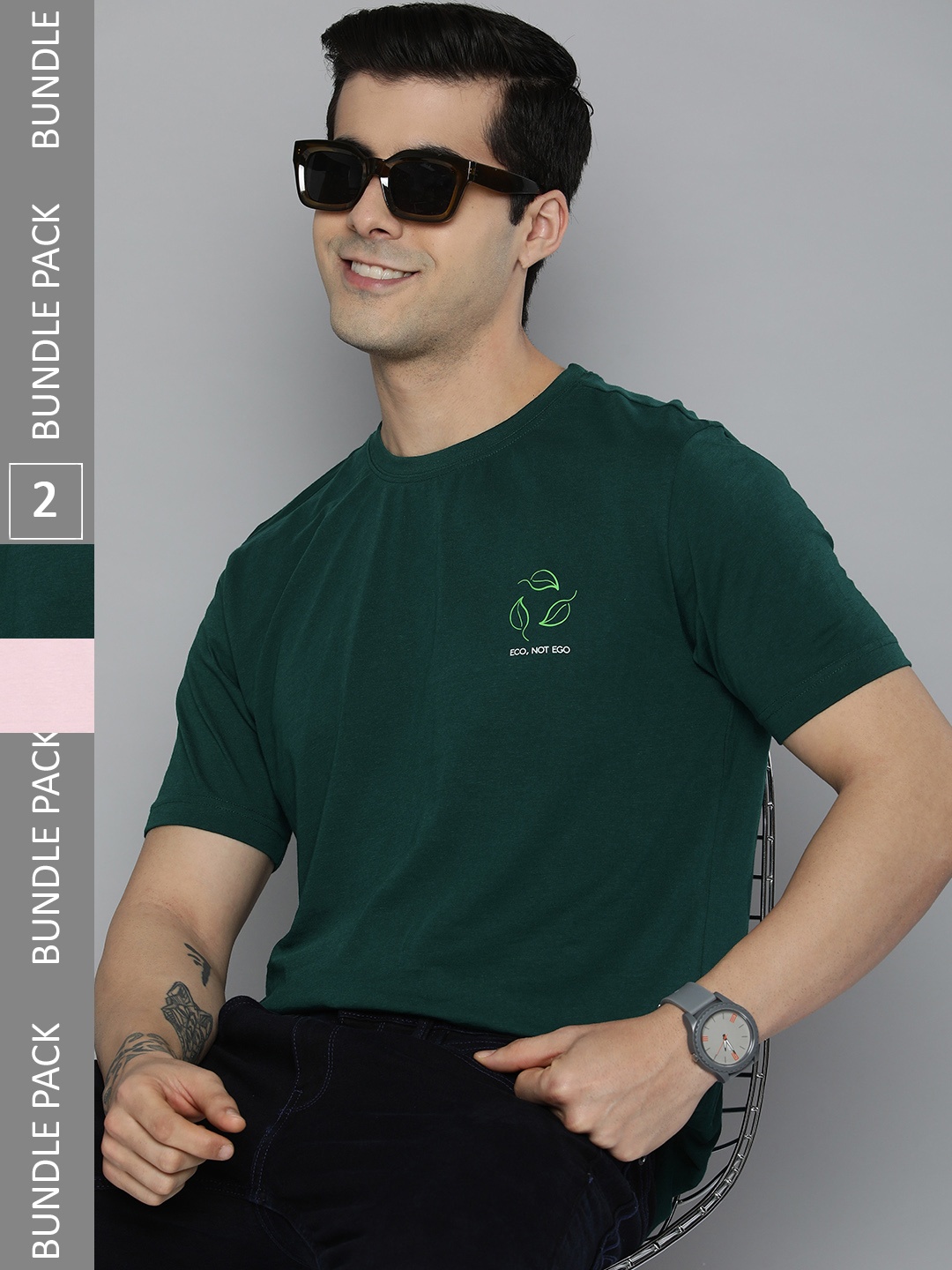 

HERE&NOW Men Pack of 2 Teal Green & Pink Pure Cotton Printed T-Shirts