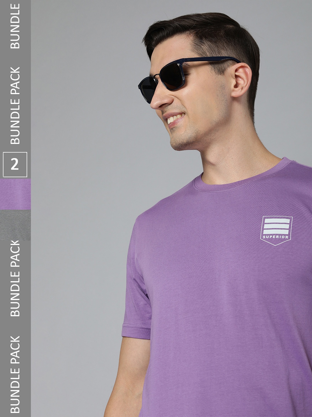 

Here&Now Men Pack Of 2 Lavender & Grey Printed Round Neck Pure Cotton T-Shirts