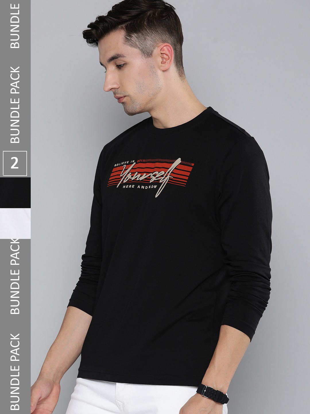 

Here & Now Men Pack Of 2 White & Black Pure Cotton Long Sleeve T-Shirt