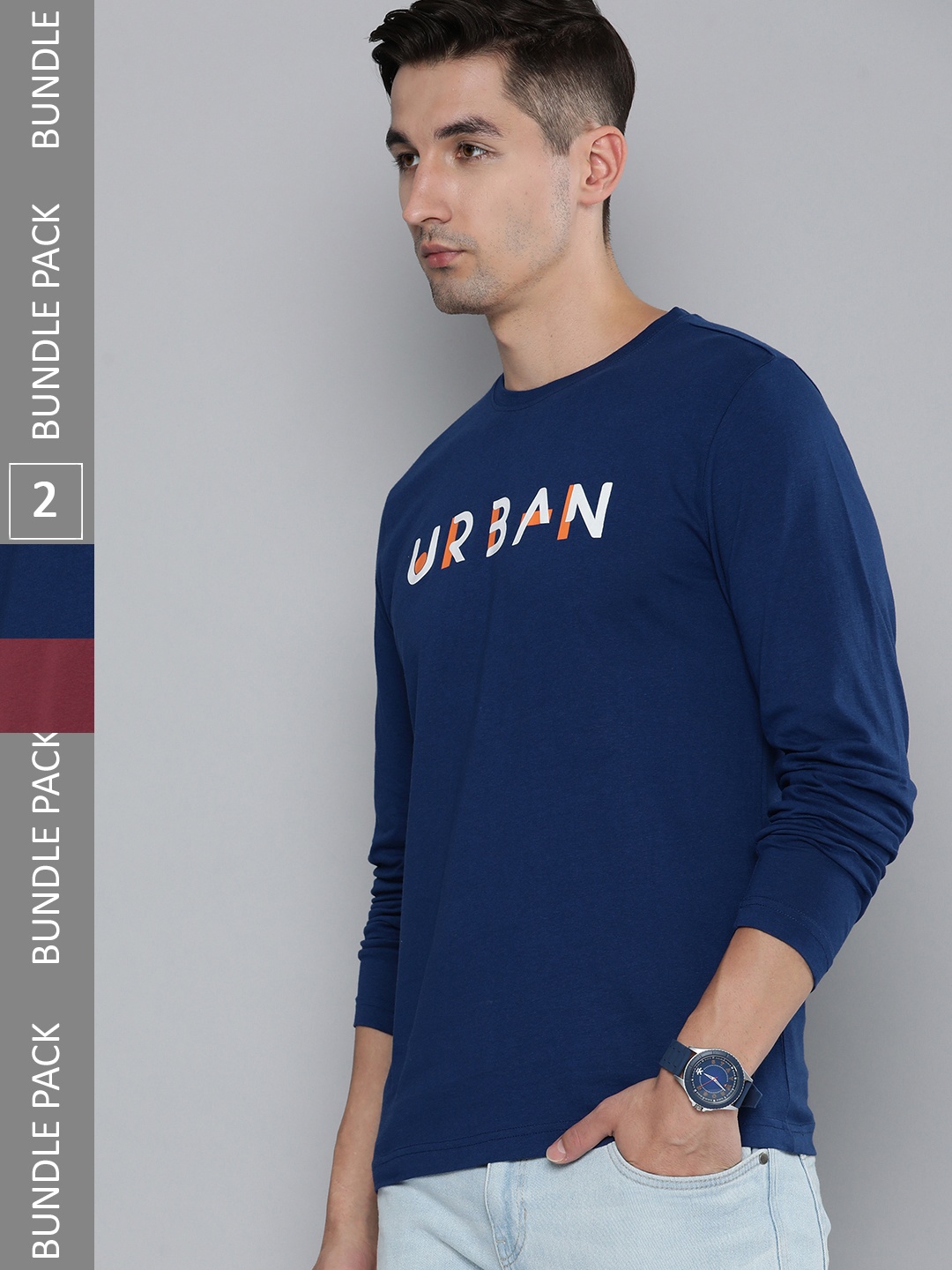 

HERE&NOW Men Pack Of 2 Navy Blue & Burgundy Printed Pure Cotton T-shirt