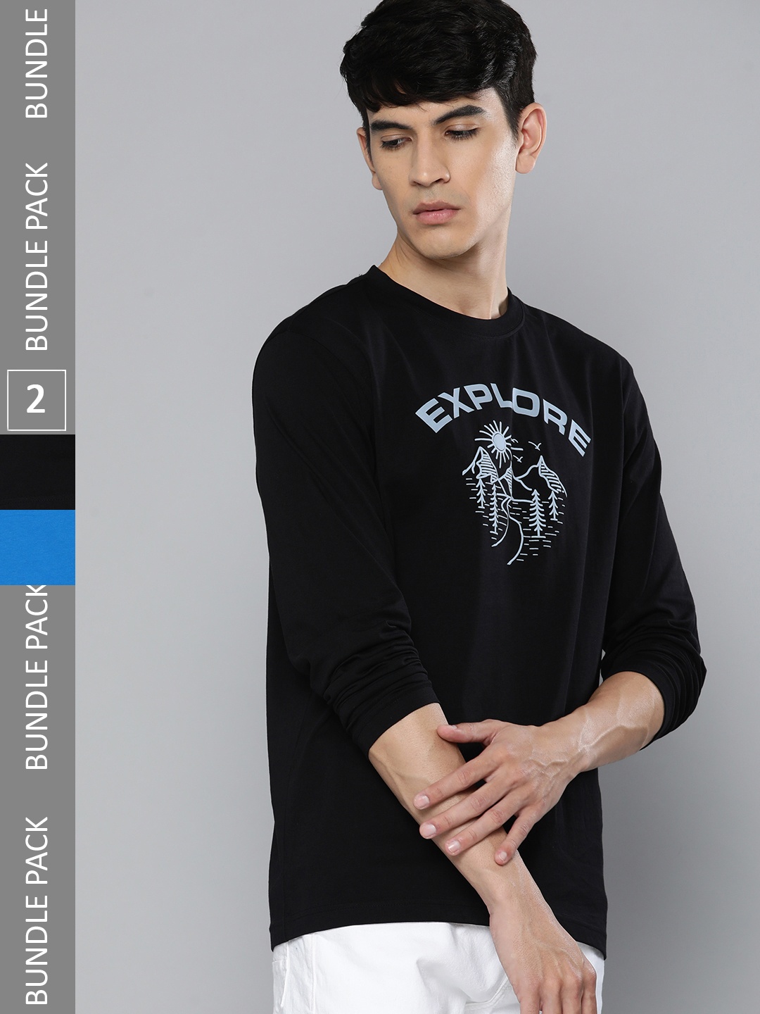 HERE&NOW Men Pack Of 2 Blue & White Typography Printed Pure Cotton T-shirt, Black