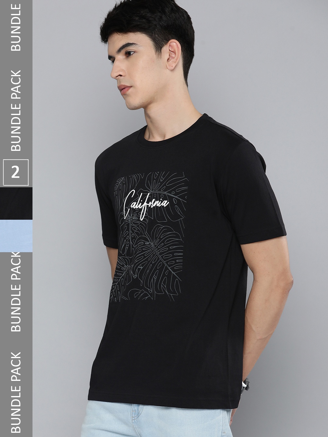 

HERE&NOW Men Pack Of 2 Blue & Black Printed Pure Cotton T-shirt