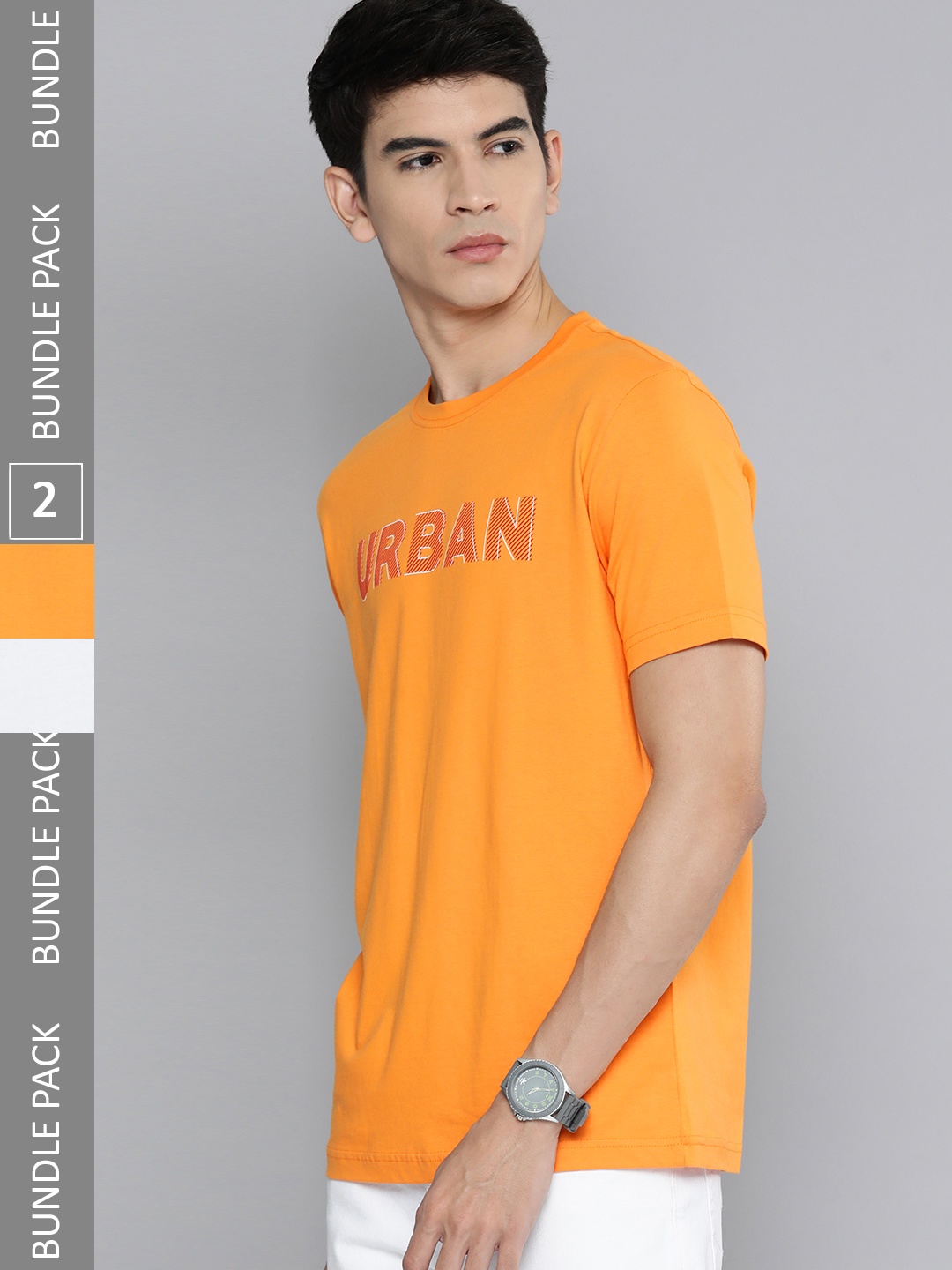 

HERE&NOW Men Pack Of 2 Orange & White Pure Cotton Printed T-Shirts