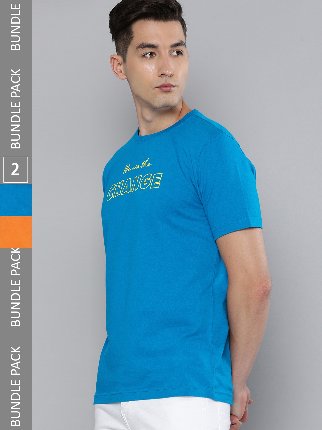 

HERE&NOW Men Pack Of 2 Blue & Orange Pure Cotton Printed T-Shirts