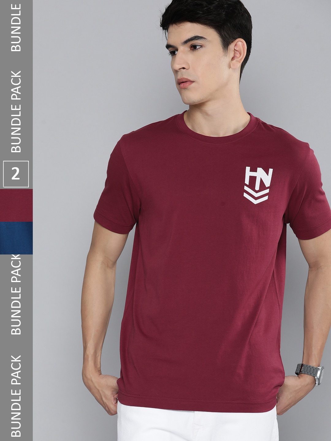 

HERE&NOW Men Pack Of 2 Brand Logo Printed Pure Cotton T-shirts, Burgundy