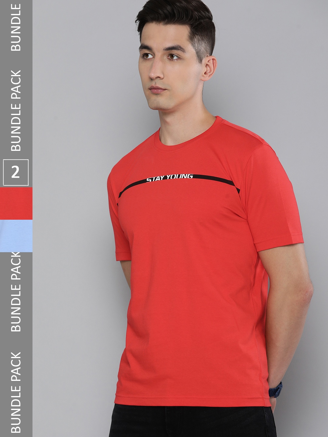 

HERE&NOW Men Pack Of 2 Typography Printed Pure Cotton T-shirts, Blue